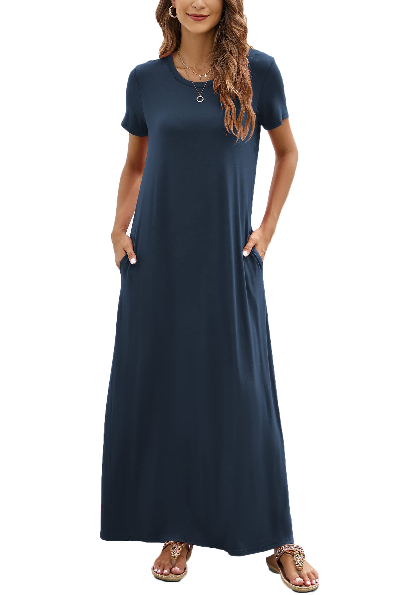 Women's Summer Short Sleeve Maxi Dresses Casual 2025 Loose Beach Sundresses Tshirt Dresses with Pockets
