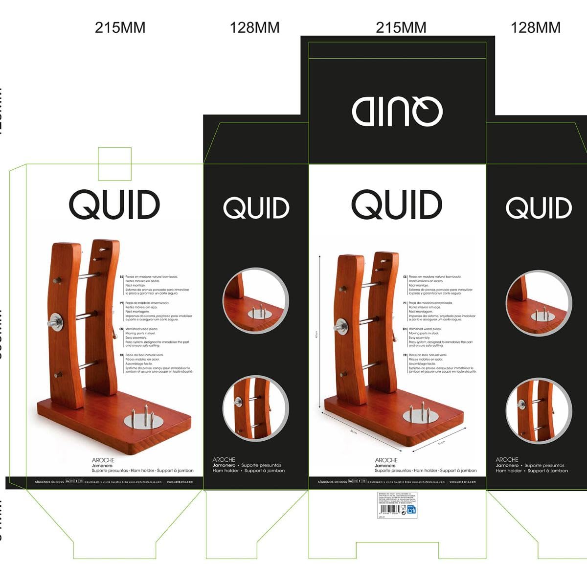 Quid AROCHE Jamonero con Soporte de Madera, Sistema de Prensa, Marron, 42 x 33 x 21 cm