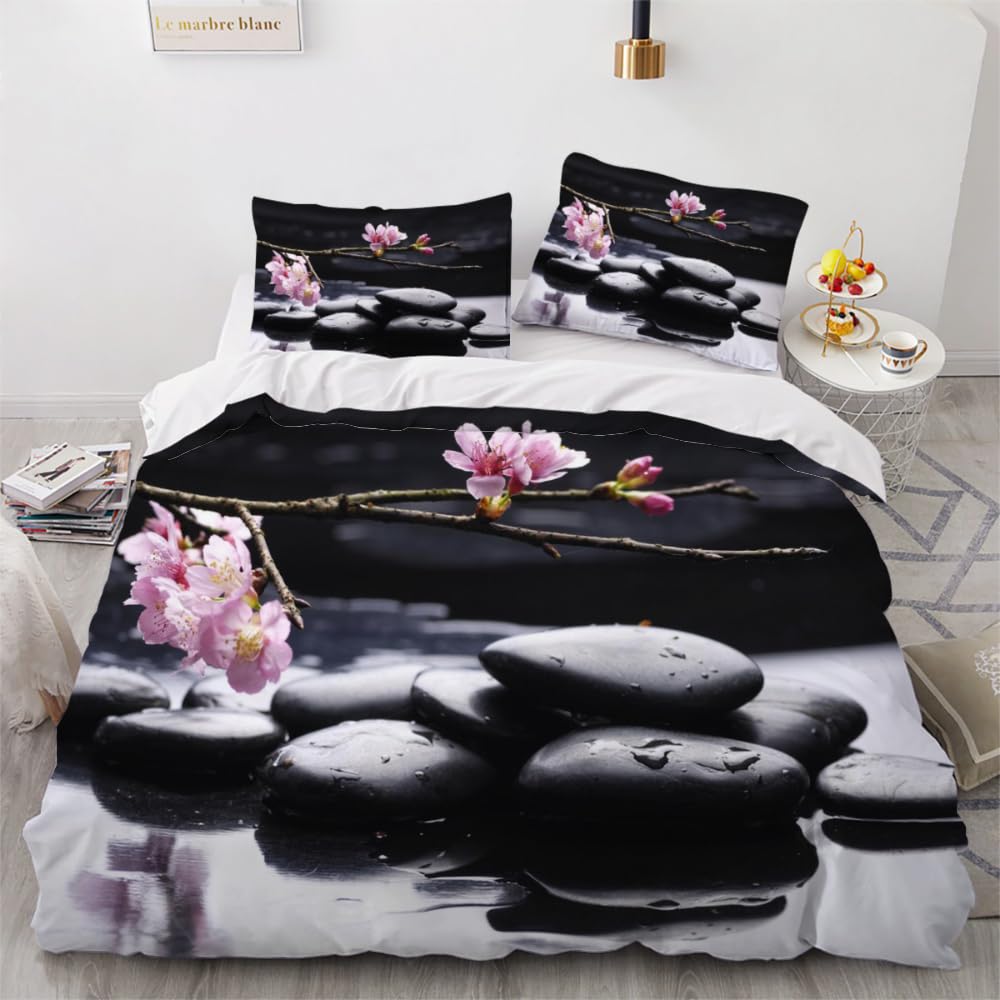 DILANI Duvet Cover Set single 3D Flowers Stones Quilt Cover Soft Microfiber Comforter Cover With Zipper Closure Bedroom and 2 Pillowcase Zen Bedding Set for Kids Teens and Adults