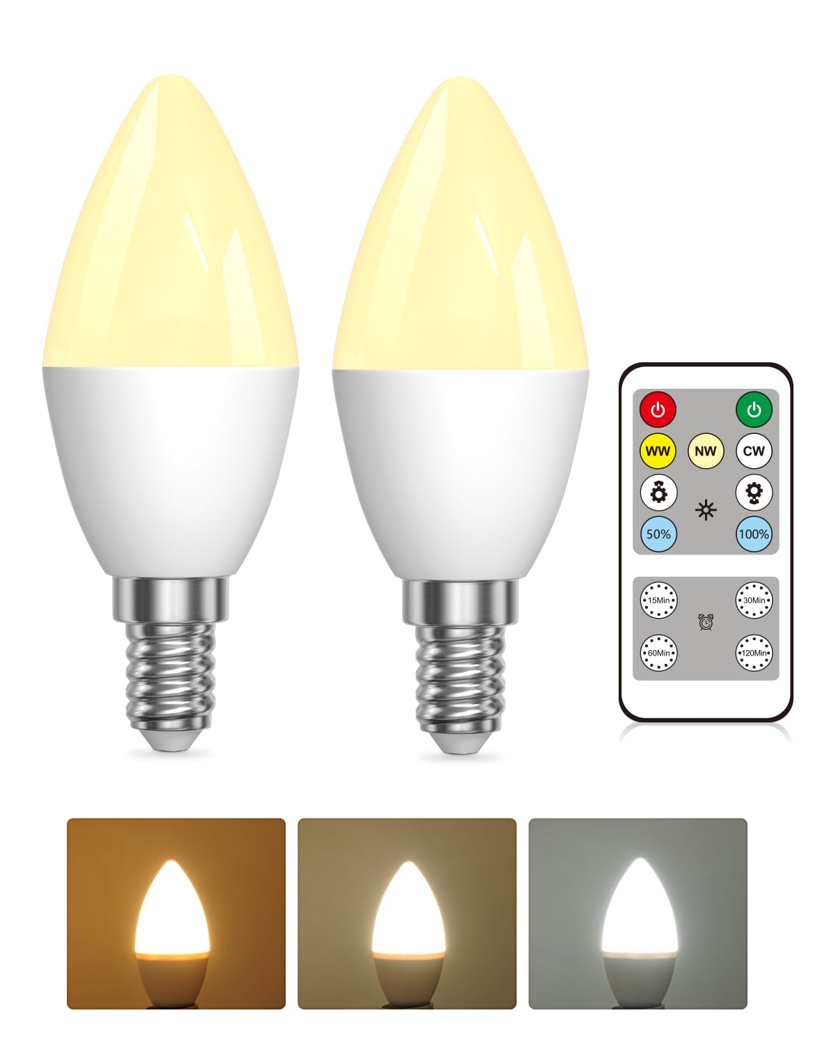 Lustaled 4W Remote Control Light Bulb, E14 LED Candle Bulbs Small Screw in Dimmable, SES 40W Equivalent 3 Colors & Timer 3000K/4000K/6000K Warm to Cool Energy Saving Bulb for Lamps, 2-Pack