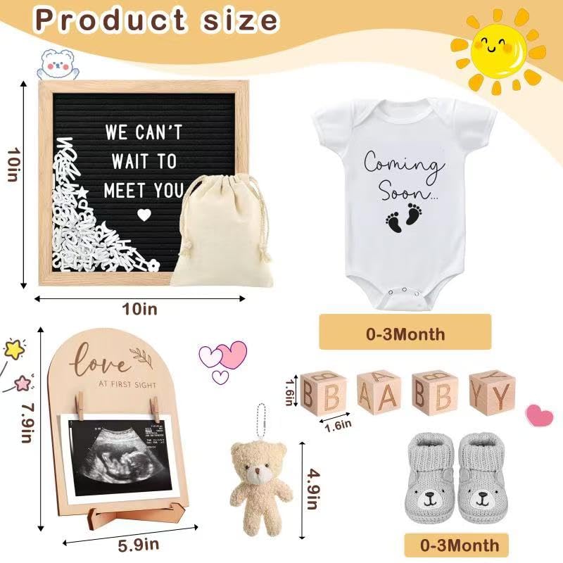 9 Pcs Pregnancy Announcements Set, Include Felt Letter Board Baby Bodysuit Shoes and Wooden Sign Surprise Announcement for Grandparents Partner Gift Family Reveal(White Coming soon-grey shoe) - Image 2