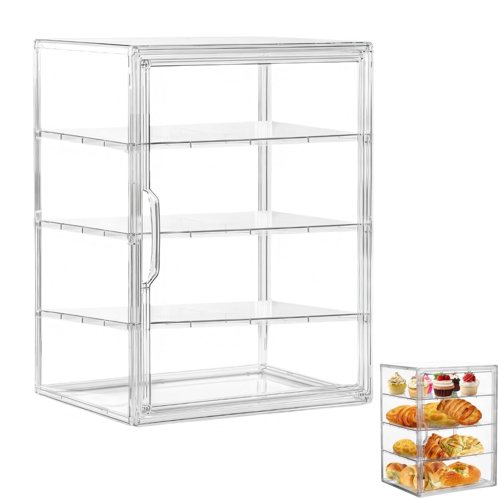 Generico Portapane in Acrilico Trasparente, da 3 o 4 Ripiani con Sportello Magnetico, Contenitore per Pane e Espositore per Pasticceria, Ideale per Cucina, Dispensa e Bancone (4 Ripiani)