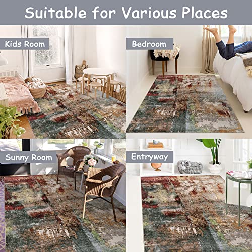 Lahome Modern Abstract 5x7 Area Rugs for Living Room, Washable Bedroom Rug Soft Non Slip Low Pile, Faux Wool Contemporary Carpet for Indoor Floor Decor Home Office Dining Room,Red/Multi