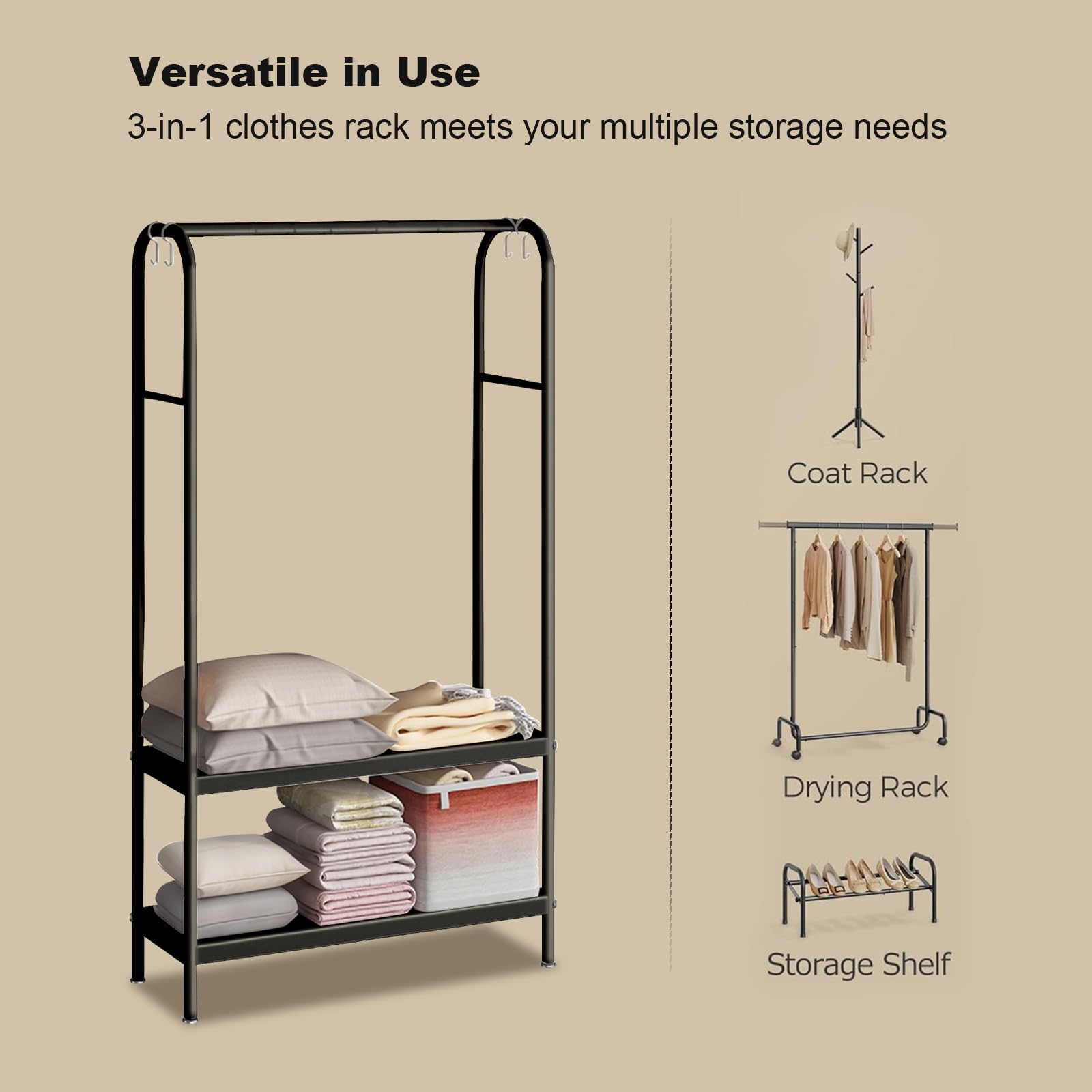 Zstar Appendiabiti in metallo per appendere vestiti, con ripiani a 2 livelli, 6 ganci, per negozio, camera da letto, spogliatoio, 80 x 33 x 172 cm, nero