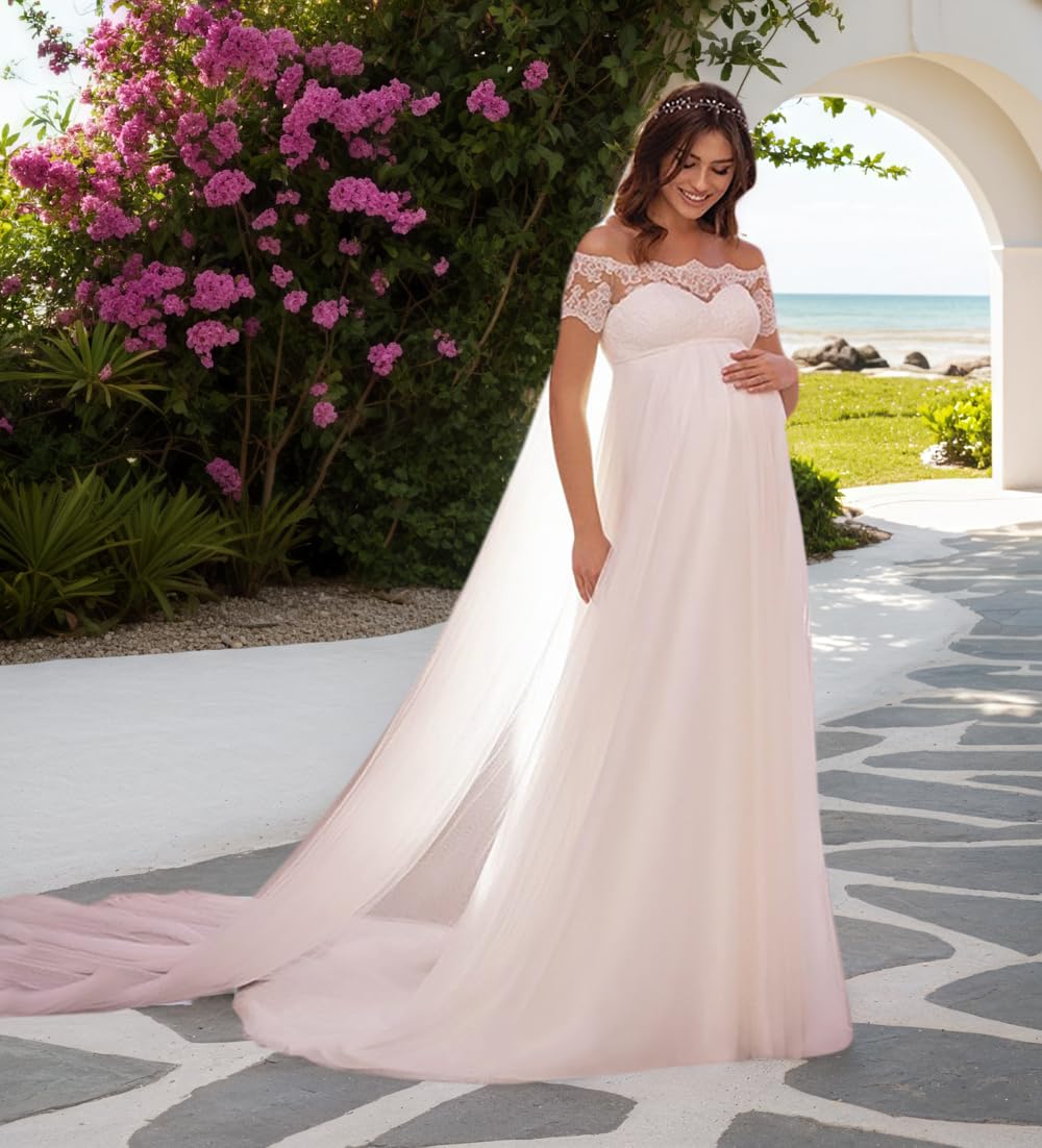 A-Linie Umstandsbrautkleid Chiffon Lang Brautkleider Hochzeitskleider mit Spitze Babyparty Fotoshooting Kleid
