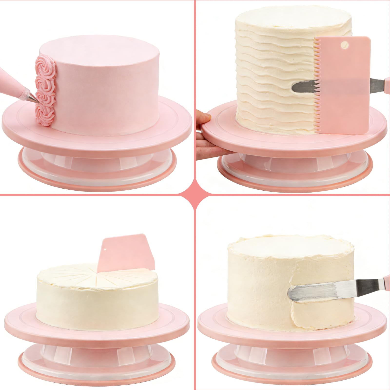 JUYUANXIN 1 Plato Giratorio para Tartas, Plato Giratorio Decoración Pasteles, decoración pastel kit, accesorios para tartas, con 2 espátulas 6", 4 raspadores, 8 mangas pasteleras con boquillas (rosa) — view 5