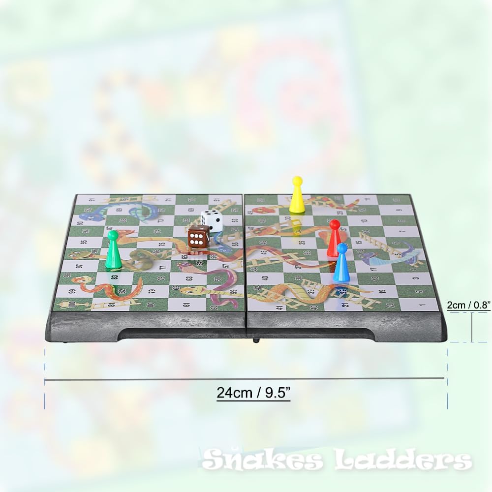 Snakes and Ladders Board Game Set -9.5", Magnetic Folding Travel Game, Family Fun Toys/Gift for Kids and Adults (Rounded Corner Style)
