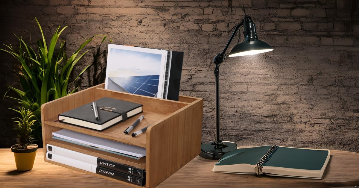 3 Tier Desktop Letter Tray for Office Desk Organizer and Accessories - Wood File Folder Holder for Paper Document Organizer Mail Sorter Workspace Counter Storage Book Shelf Light WJJ3K-LT