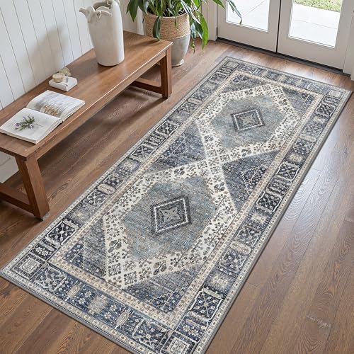 GENIMO Runner Rug for Hallways Machine Washable, 2x10 Non Slip Boho Vintage Lightweight Washable Runners, Thin Floor Rugs for Entryway Hallway Bathroom Laundry Room Corridor, Misty Blue