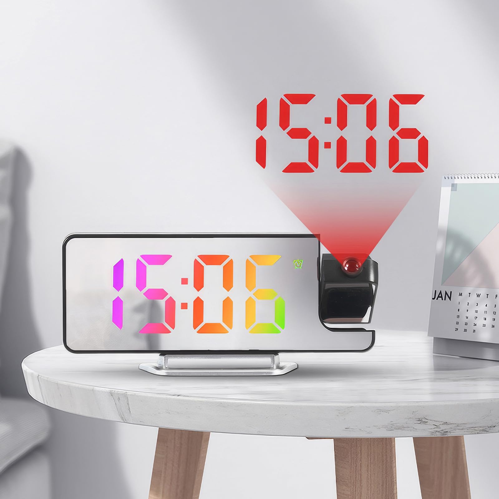 Sveglia con Proiettore, Orologio Digitale 8,1" RGB, 3 Livelli di Luminosità, Proiezione Regolabile a 180°, Orologio con Termometro, Doppia Sveglia 12/24H, Display LED, Ricarica USB