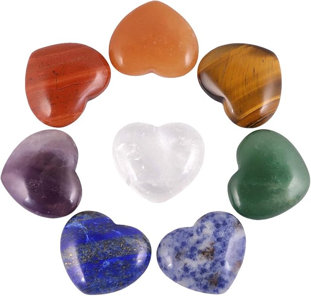 Nupuyai 8pcs Crystal Heart Love Palm Worry Stone Set, Reiki Healing Energy Carved Stone Collection Kit for Home Office Decor