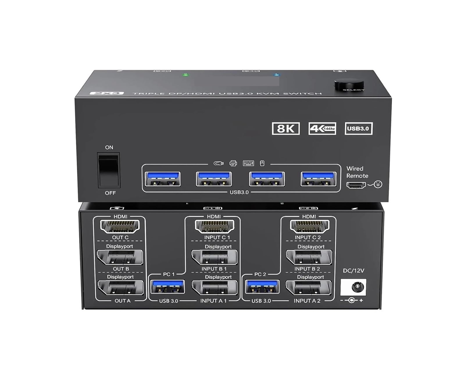 Convertisseur numérique, Commutateur KVM 3 moniteurs 2 Ordinateurs 8K @ 60Hz 4K 144Hz USB3.0 commutateur Triple Moniteur