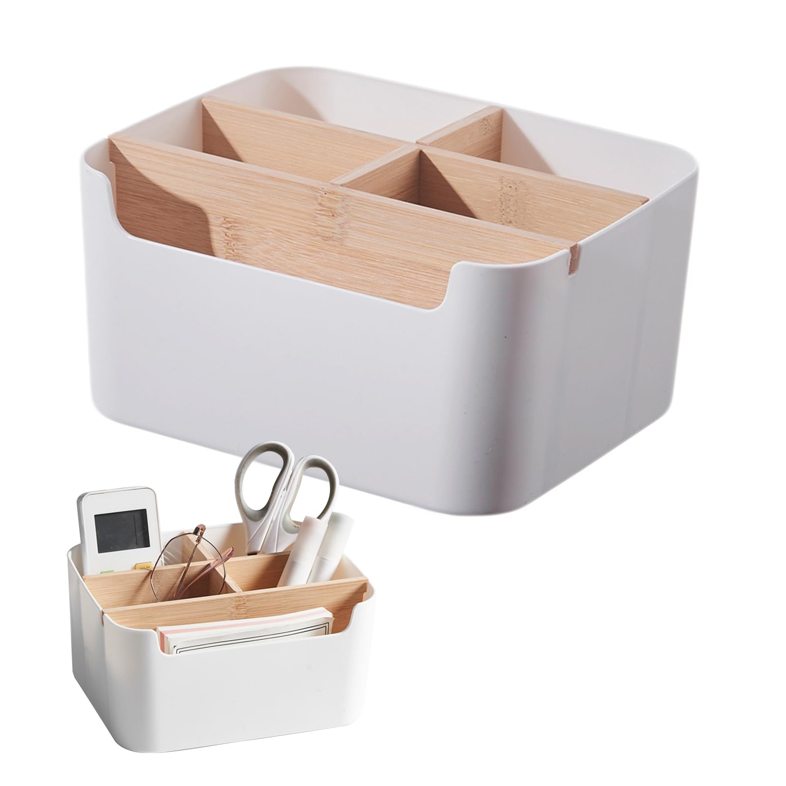 Vernerth Desk Organiser with 5 Compartments – Bamboo Stationary Organiser with Removable Dividers, Multifunctional Storage Box Pen Holder for Office Supplies, Makeup, Notes & Accessories
