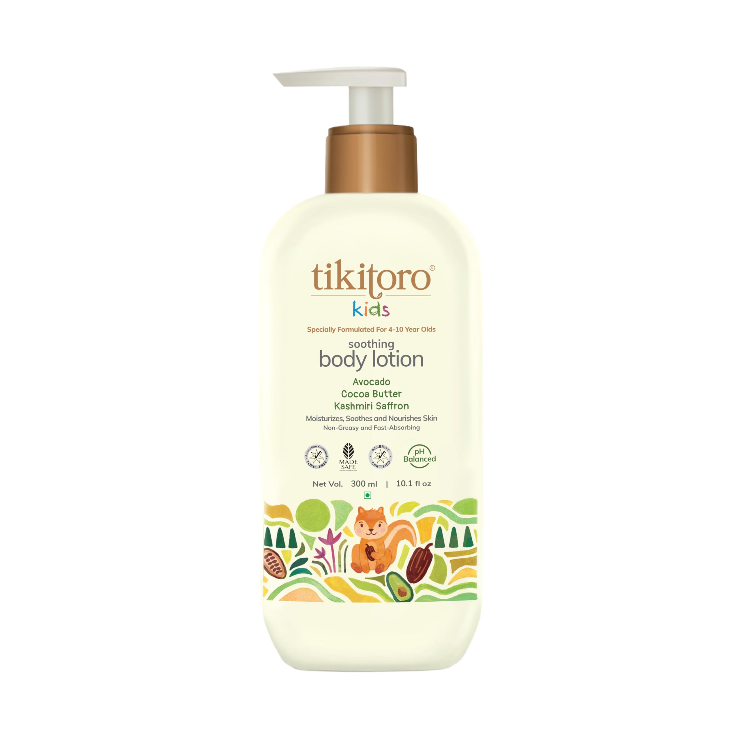 Tikitoro Kids Soothing Body Lotion | Pediatrician Approved | Moisturizes, Soothes & Nourishes Skin |100% Vegan with Avocado, Cocoa Butter, Kashmiri Saffron Extract |Daily Use (Age: 4+ Years) (300 x 1)