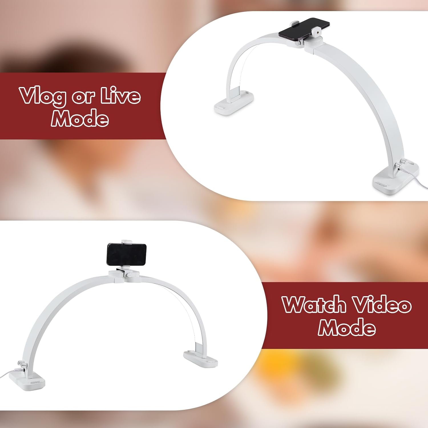 FAHKNS Half Moon Light for Nail Desk with Phone Holder, Upgraded 28-inch Foldable Half-Moon Lamp, LED Light for Manicure, Eyelash Extension, Tattooing, Craft, White