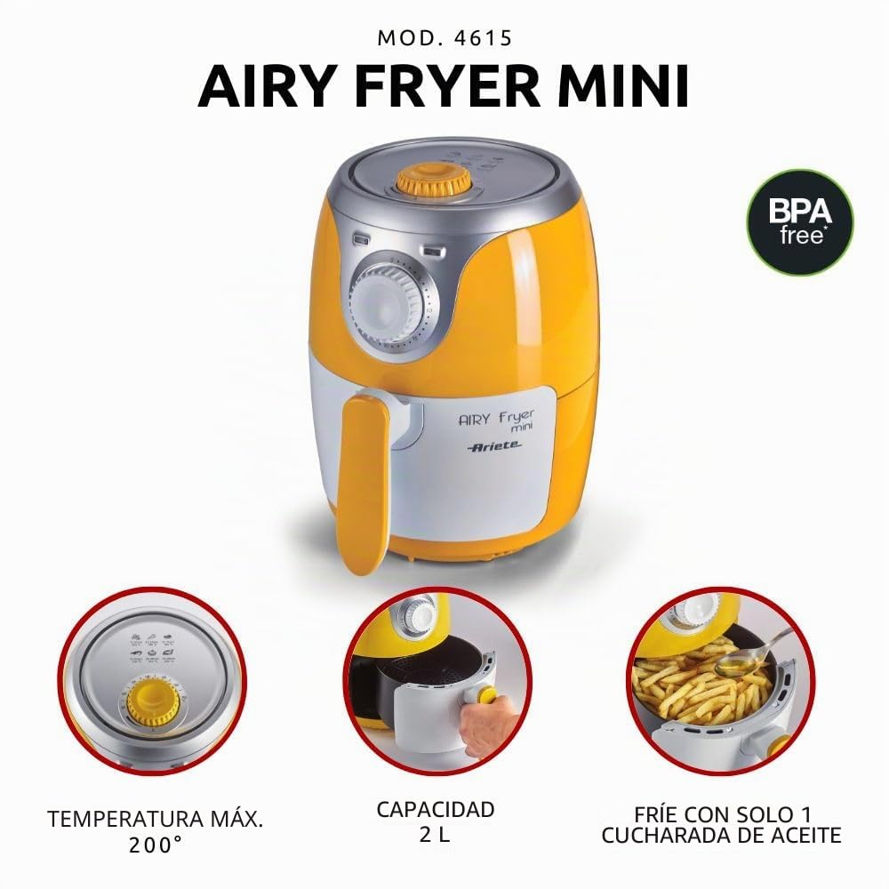 Ariete 4615 - Mini freidora saludable Airy, sin aceite, temporizador,1000 W, amarillo y blanco