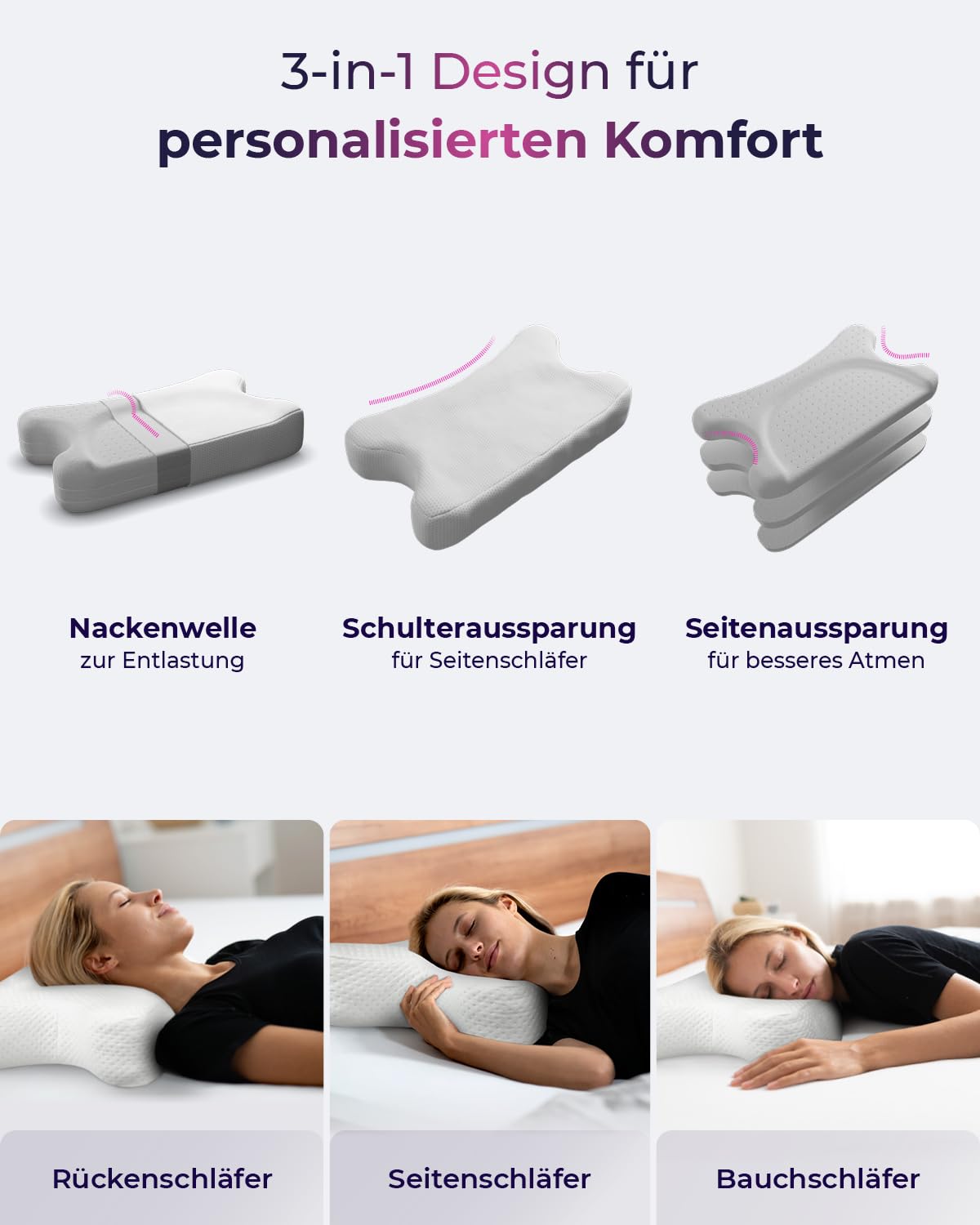 aiLigner ergonomisches Nackenkissen, 3-lagig und höhenverstellbar | HWS Kopfkissen aus Memory Foam gegen Nackenschmerzen, Nackenstütz-Kissen für Seitenschläfer, Rückenschäfer, Bauchschläfer