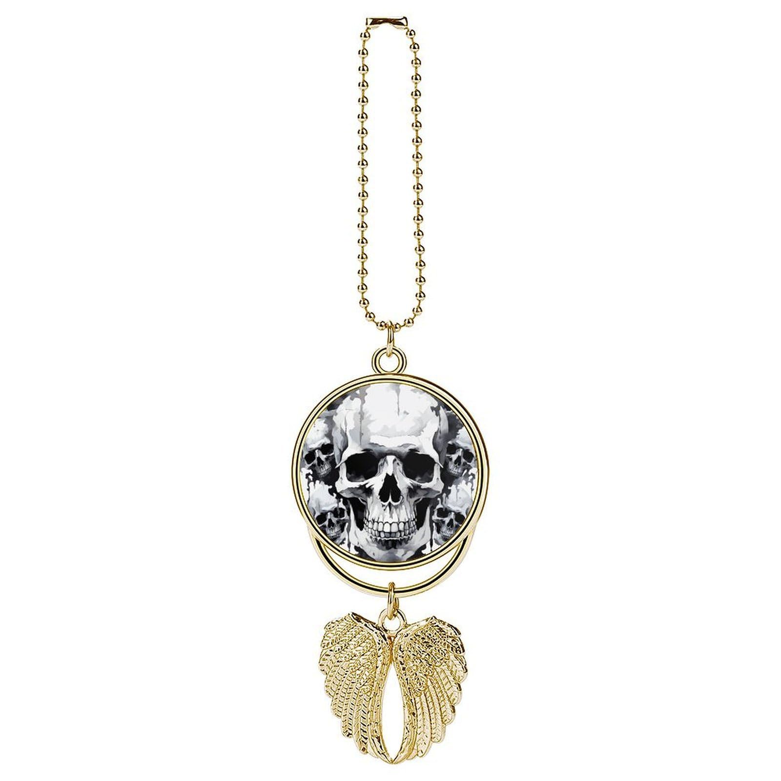 White and Gray Skull Graphics Guardian Angel Wing Car Ornament for Mirror, Zinc Alloy Hanging Charm with Spiritual Design for Protection, Rearview Mirror Accessory Decor Gift for Women Men(Golden)