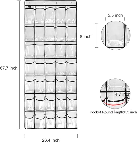 Miniatura 6 de TidyMaster Clear Crystal - Paquete de 2 organizadores de zapatos colgantes grandes de 35 bolsillos para colgar sobre la puerta, zapatero para puerta