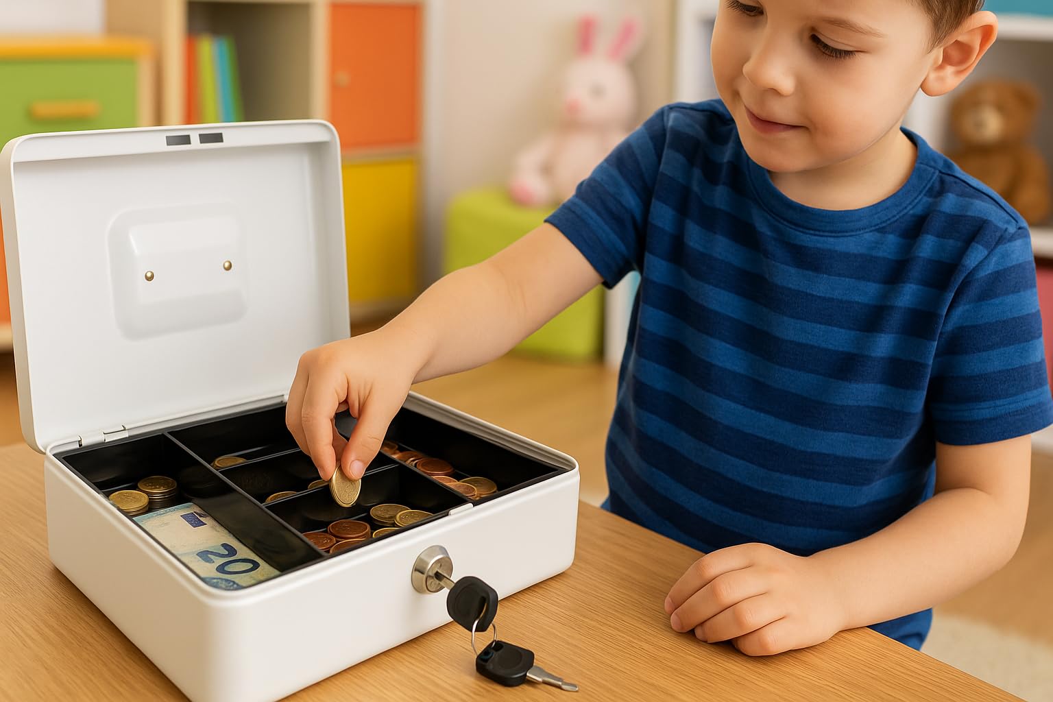 Geldkassette aus Metall Weiß 300x240x90 mm – robuste Geldbox mit Schloss & Schlüssel, Einsatzfächer für Münzen & Scheine – sichere Aufbewahrung für Bargeld, Kassenorganisation & Wertsachen