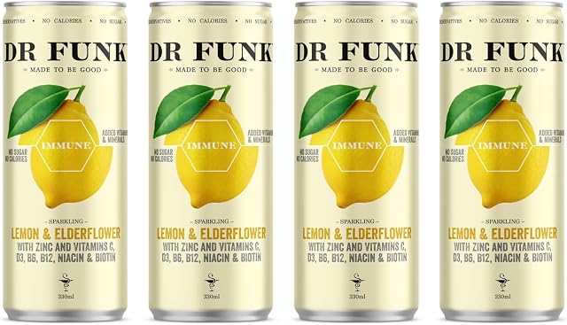 Dr. Funk Lemon & Elderflower Sparkling Flavoured Water with No Sugar & No Calories, Natural Fruit Flavoured Water - With added Zinc and Vitamins B12, B6, D3, C, Niacin & Biotin, Pack of 4 Cans
