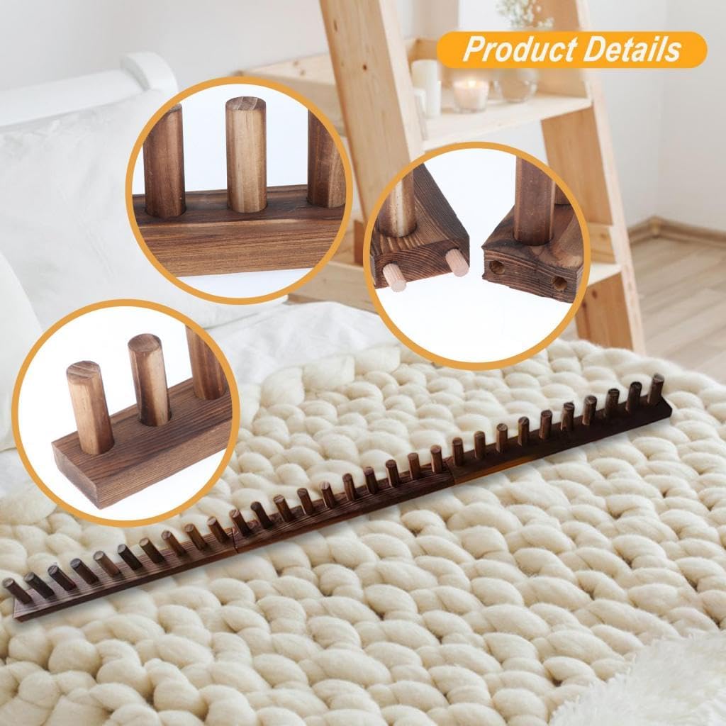 SM SunniMix Wooden Loom Frame for DIY Throw Blankets Beginner Friendly Chunky Knit Blanket Decor Adjustable Size Weaving Loom, 3 Sections Walnut Brown