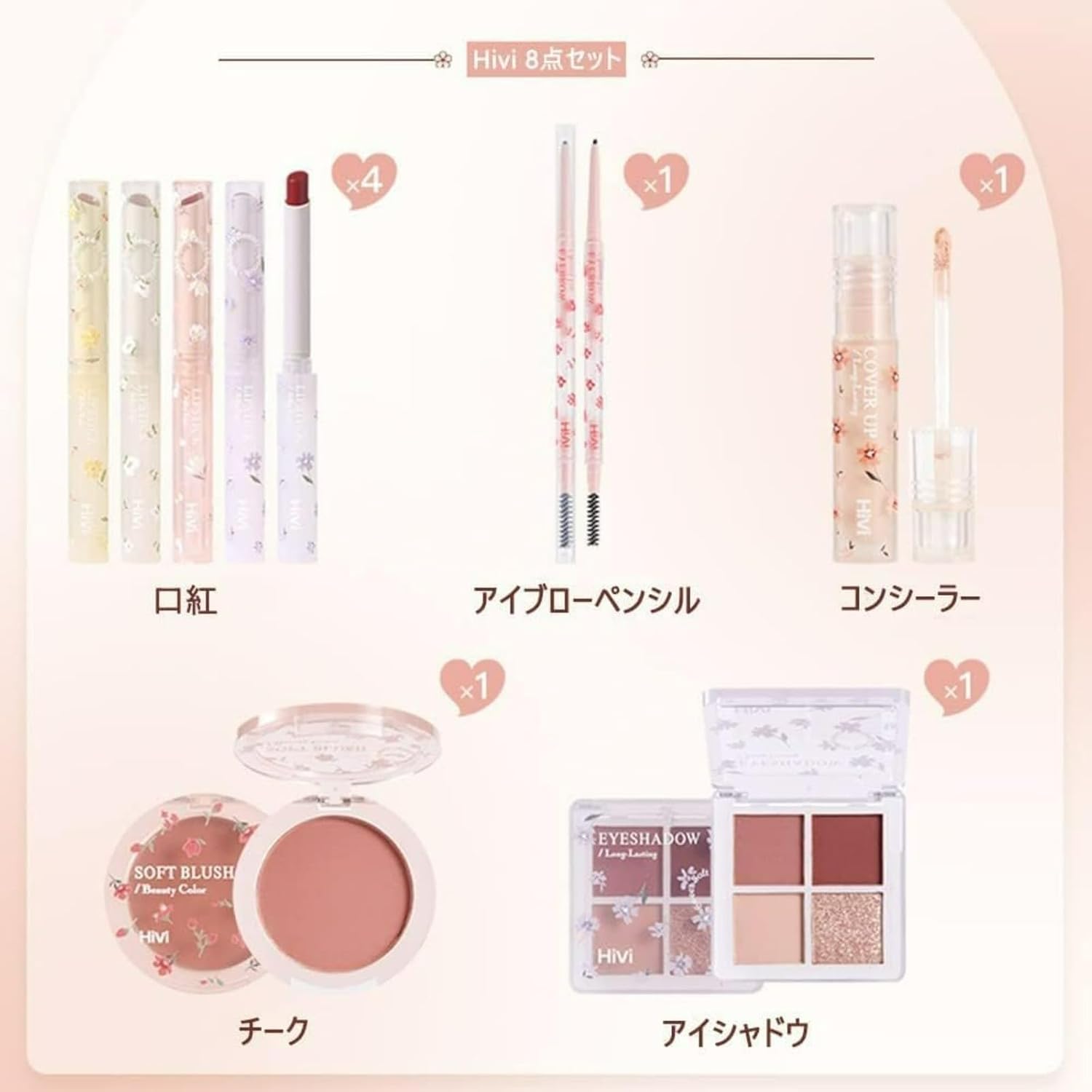 HiVi フル美容メイクアップ 8点セット化粧品口紅4本、アイブロウペンシル1本、コンシーラー1本、チーク1個、アイシャドウパレット1個 長持ち メイクアップセット 初心者 人気化粧品セット ハロウィン クリスマス 新年 誕生日 お祝い日 贈り物