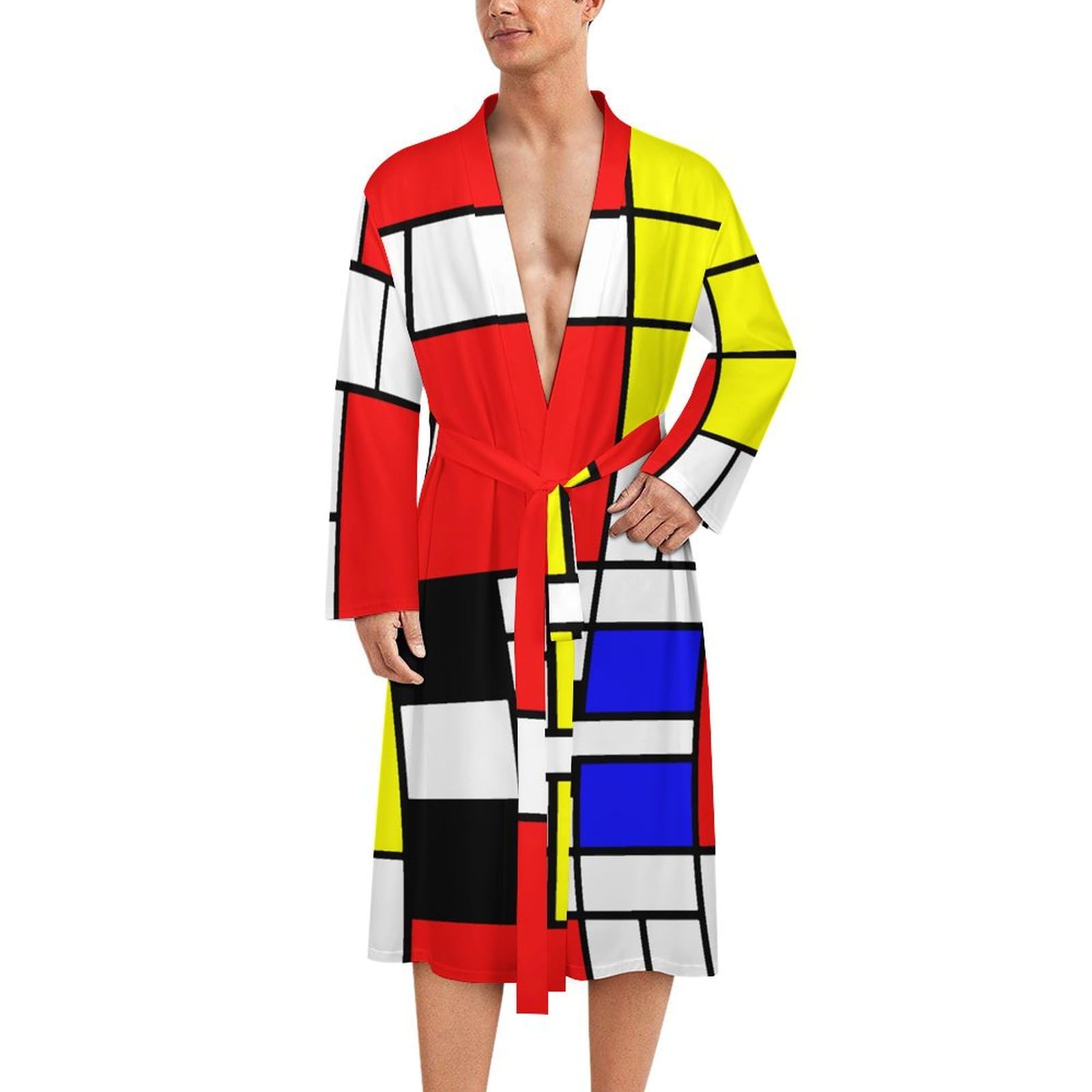 Mondrian Style Men's Robe Soft Bathrobe Pyjama Sleepwear Loungewear Dressing Gown with Belt XL