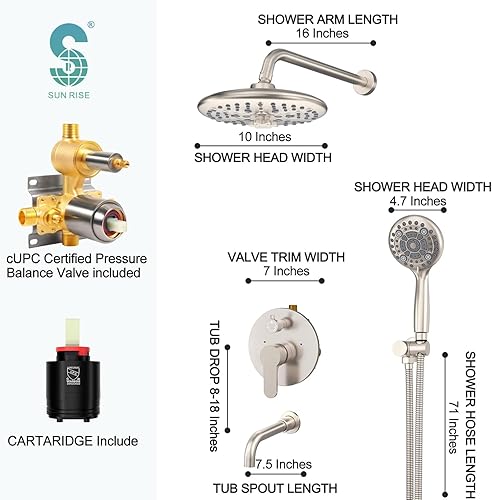 Miniatura 5 de SR SUN RISE Juego de grifo de bañera y ducha de 10 pulgadas, sistema de ducha montado en la pared con boquilla de bañera, cabezal de ducha de lluvia