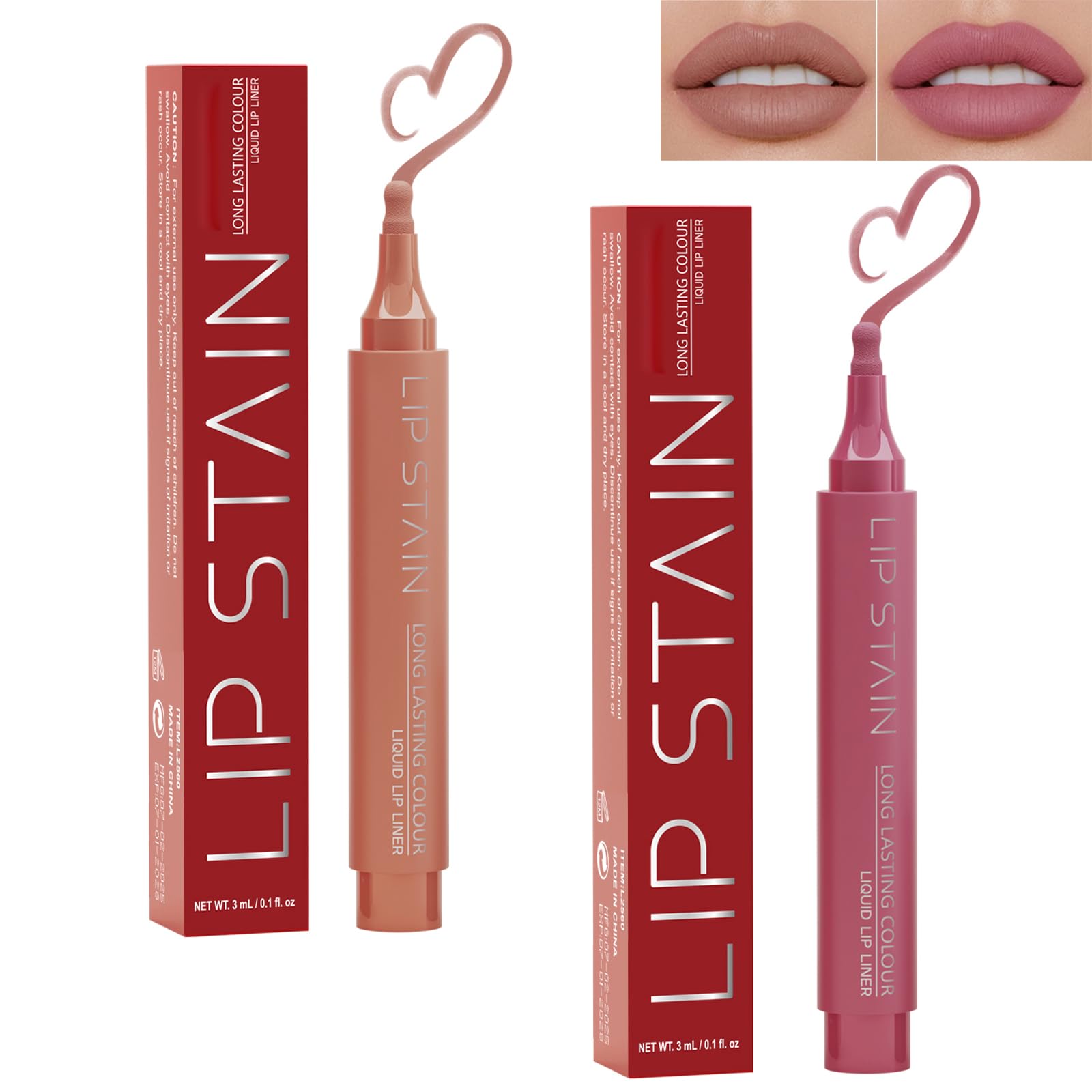 2Pcs Matte Lip Stain Set,HighlyPigmented Liquid Lip Marker LipContour-01&03 01#SUNSET CORAL + 03#BERRY BLUSH