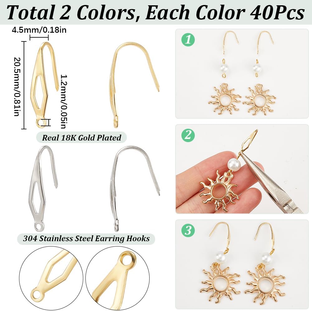 SUNNYCLUE 1 Box 80Pcs French Hook Ear Wires Stainless Steel Earring Hooks Metal 18K Gold Plated Silver Wide Fishing Earrings Wire Hook with Vertical Loop for Jewelry Making Findings DIY Crafts Women - Image 2