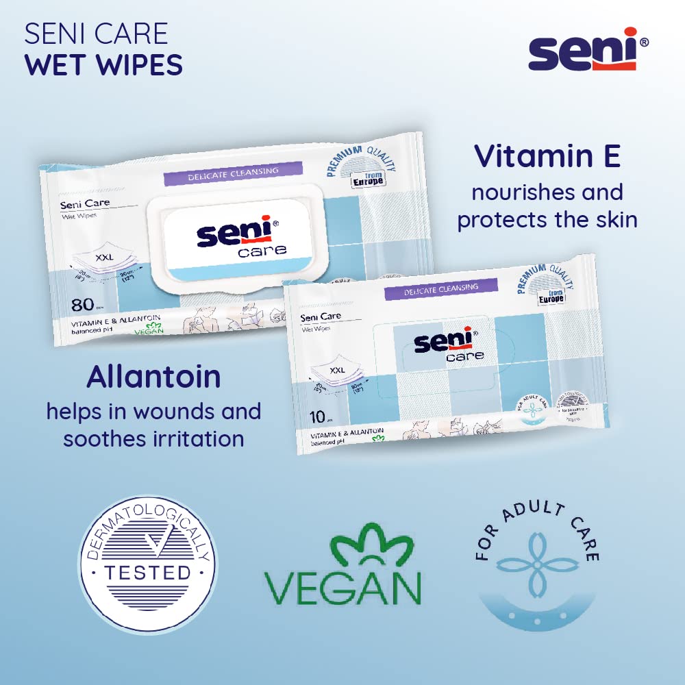Seni Care wet wipes for Adults | for sensitive skin |with vitamin E and allantoin| nourishes skin | vegan | balanced PH | delicate |dermatologically tested | ready to use bath wipes | white | Size XXL | Pack of 2 | Total 160 Pcs - Image 3 thumbnail