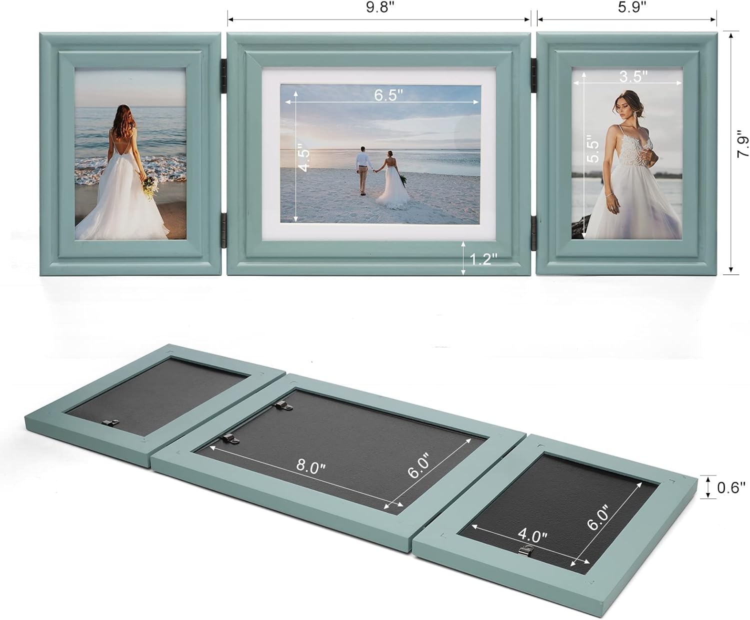 3 Vertical Horizontal 4X6 and 5X7 Picture Frames Hinged Wood Folding Photo Frames with Real Glass Front Fit for Desktop or Tabletop, Teal Blue XLAN-V46H75V46