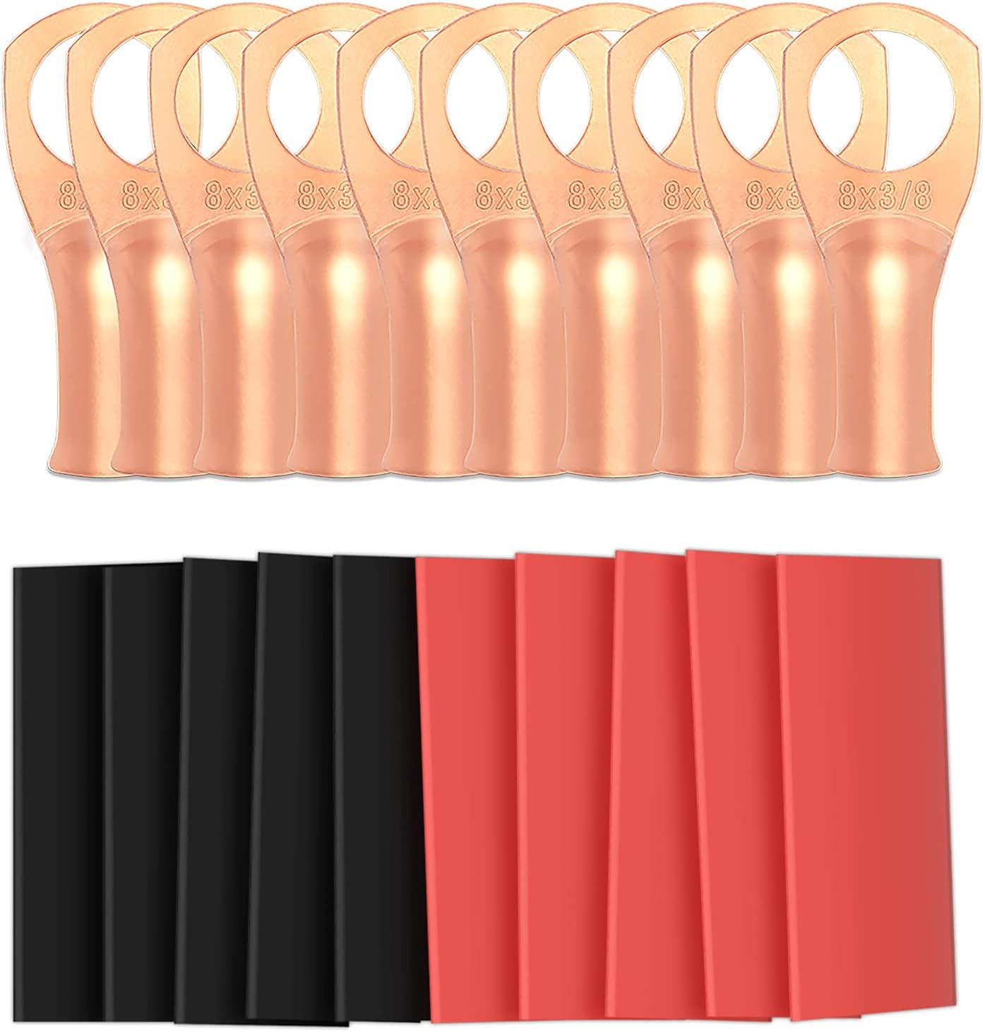 10pcs 8 Awg - 3/8" (M10) Sanuke Wire Lugs Ring Terminal Connectors Ends Heavy Duty for Battery Cable Lug Wire Electrical Eyelets with 3:1 Dual Wall Adhesive Heat Shrink