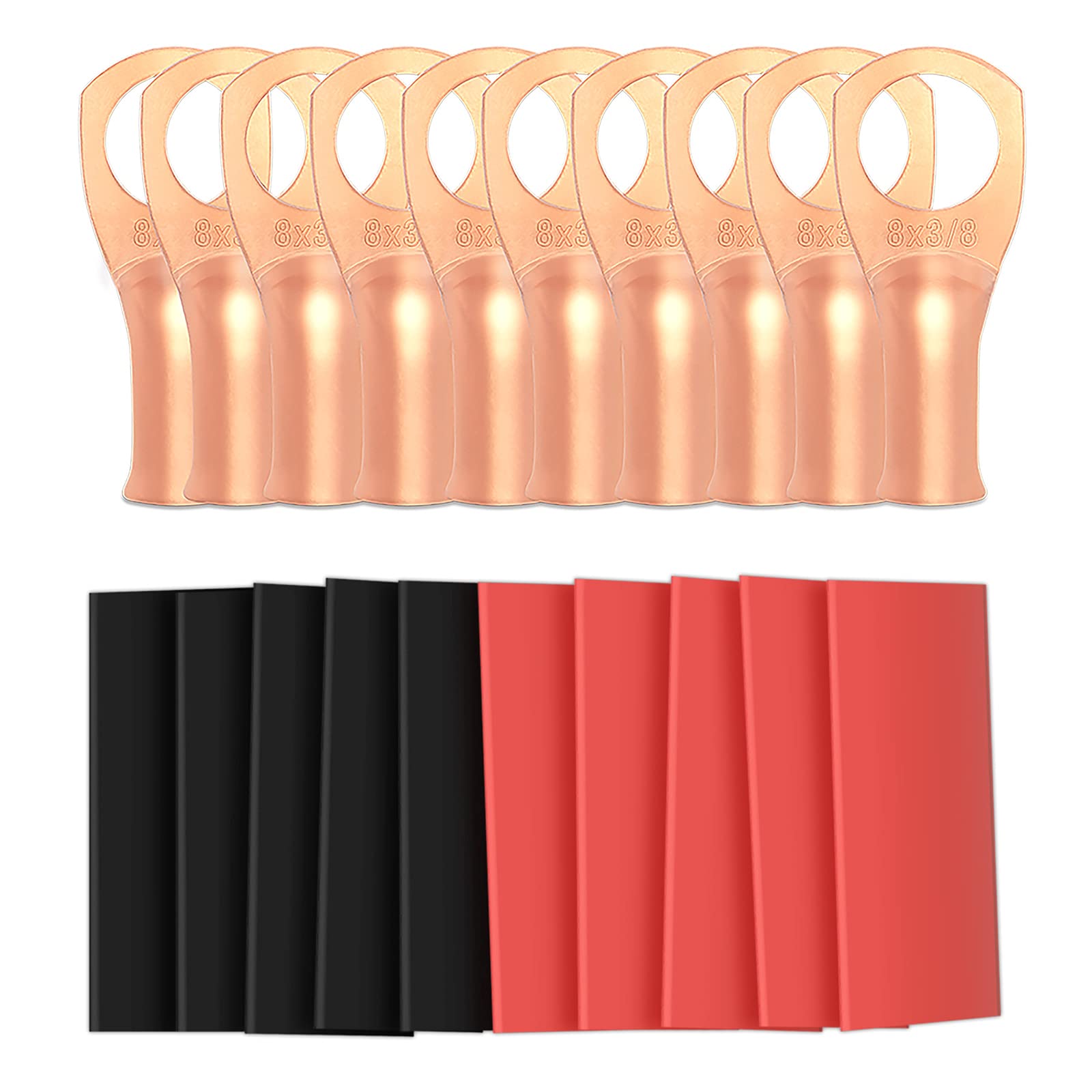 10pcs 8 Awg - 3/8" (M10) Sanuke Wire Lugs Ring Terminal Connectors Ends Heavy Duty for Battery Cable Lug Wire Electrical Eyelets with 3:1 Dual Wall Adhesive Heat Shrink