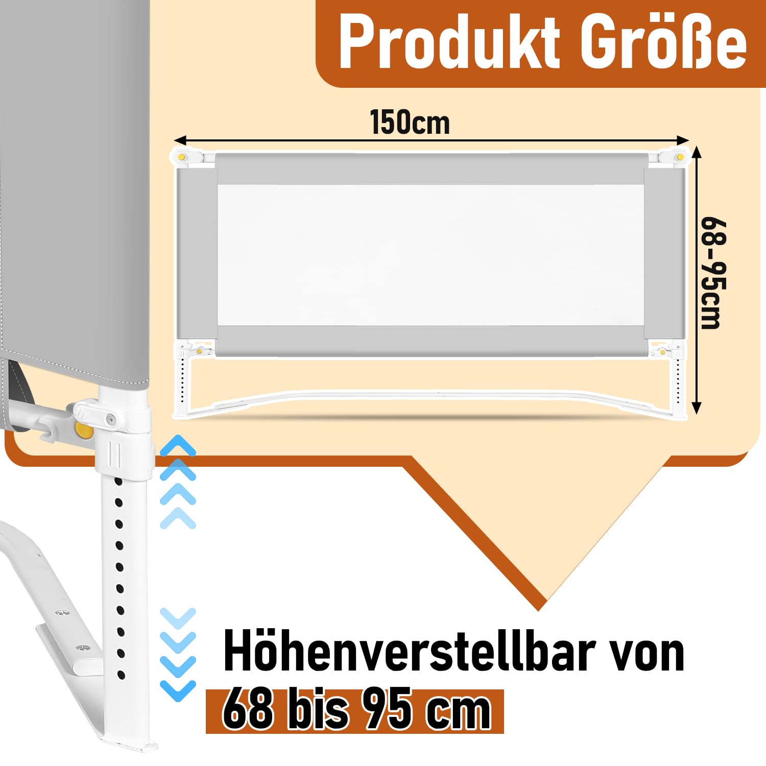 Griglia per lettino da 150 cm, con piedini a forma di U, pieghevole, per bambini, protezione da caduta, altezza regolabile 68-95 cm, facile da montare, grigio