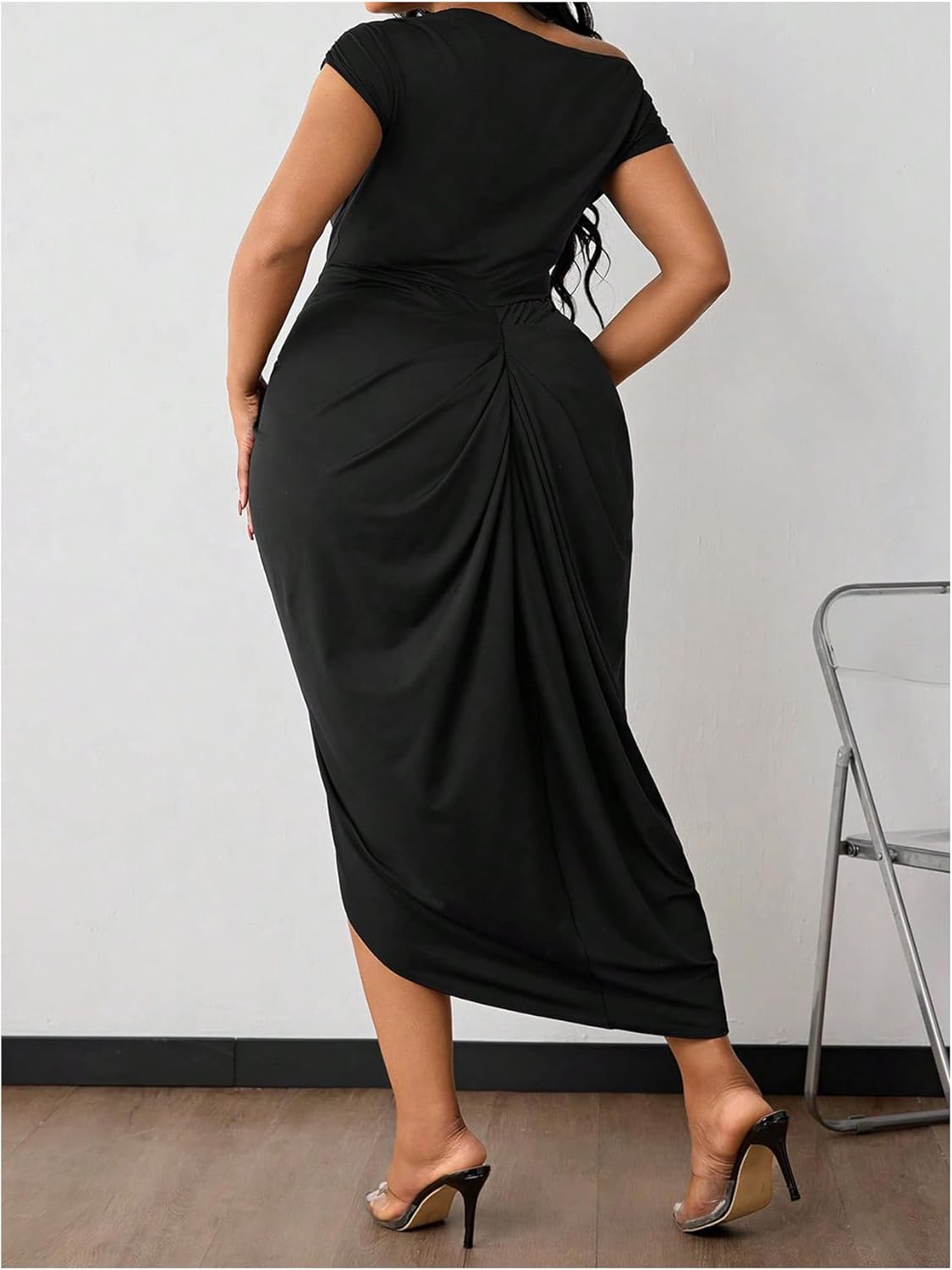 WDIRARA Women's Plus Size One Shoulder Midi Dress Ruched Split Short Sleeve Bodycon Dresses - Image 3