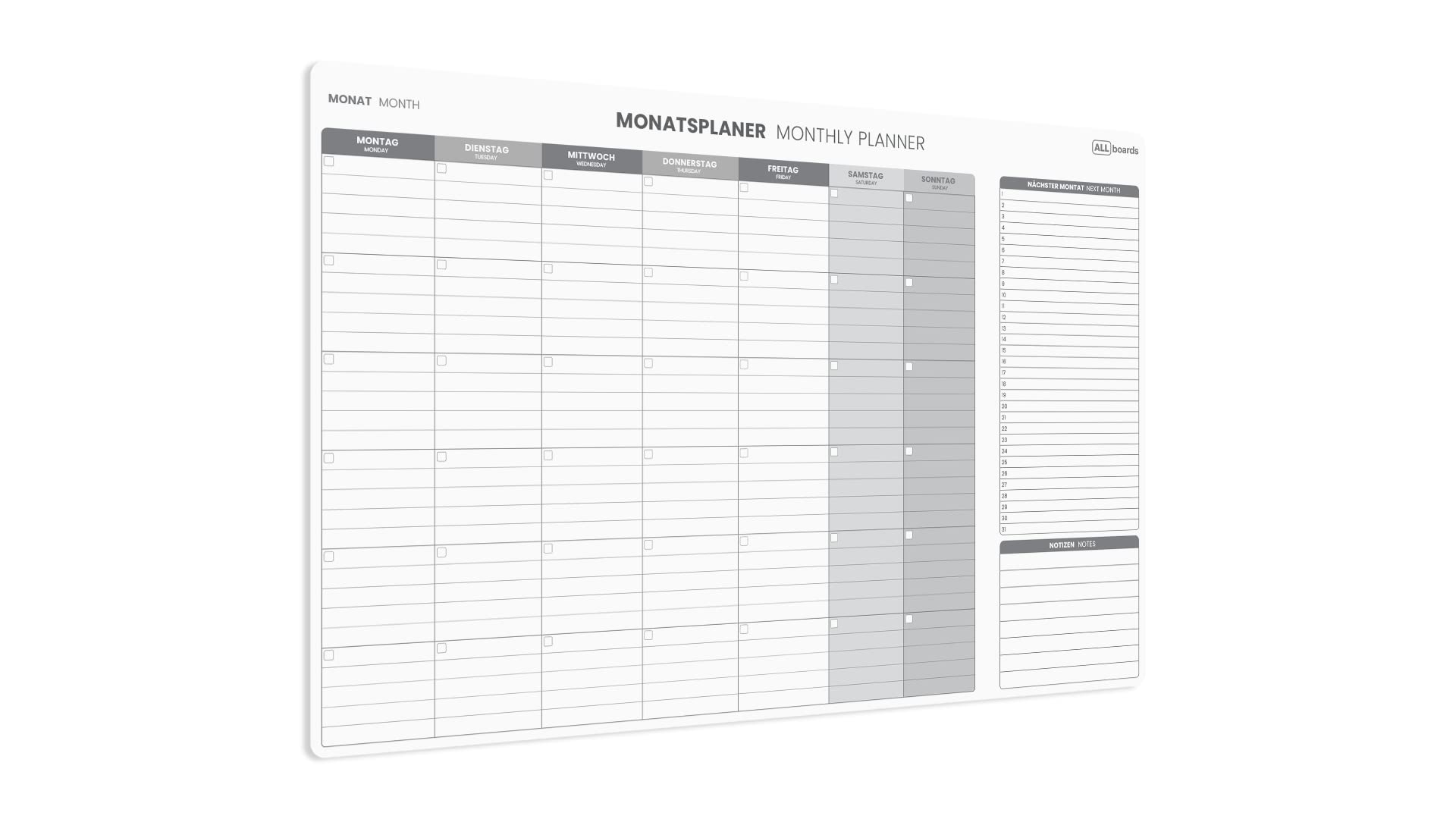 ALLboards Magnetischer Monatsplaner 90x60cm für Monatsplanungen, Wochenplaner Wandkalender Memoboard Magnettafel auf Deutsch