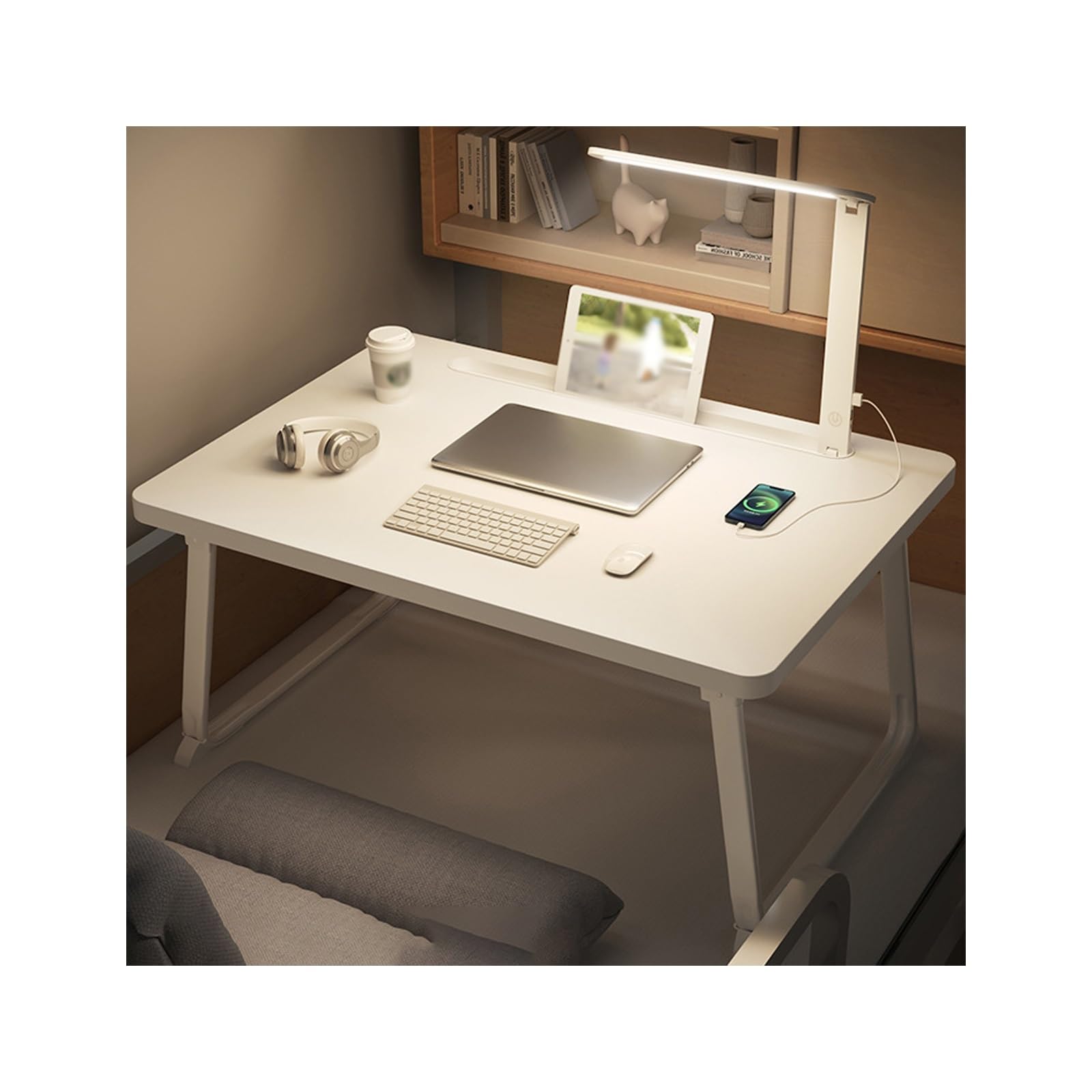 Lap Desk with Integrated Lamp, Laptop Bed Tray Table, Enlarged Desktop for Easy Storage, Portable Desk Stand for Bed, White 60x40cm (23.62x15.75in)