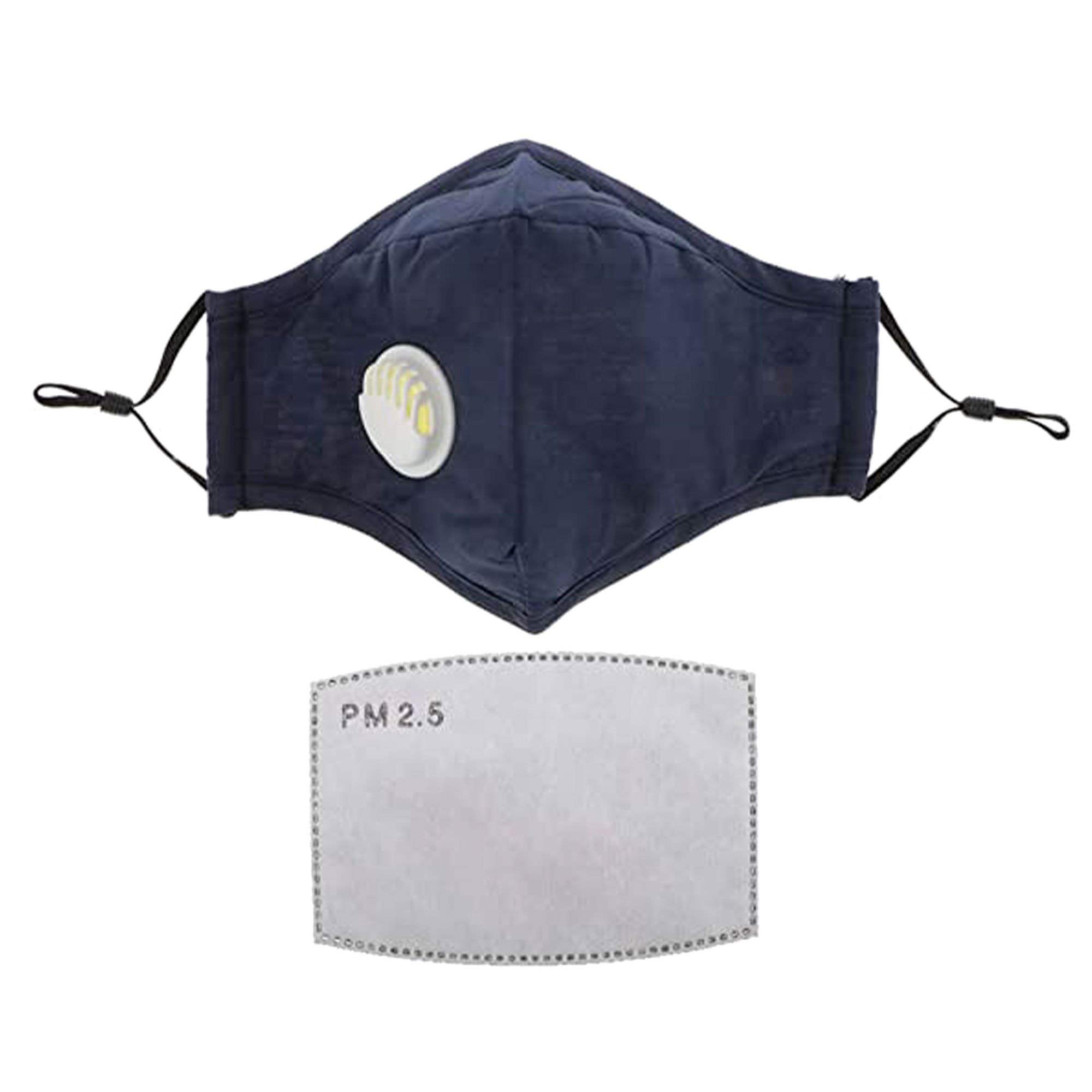 ASA TECHMED Reusable Dual Air Breathing Valve Face Mask Cover with Activated Carbon Filter (Navy with valve)