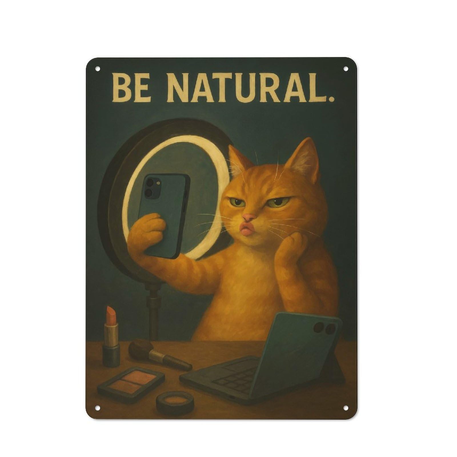Junmoney Style-4 Country Style Kitchen Metal Sign 40X30cm Featuring Cat Taking Selfie With Ring Light, Diner Style Decor For Kitchen, Cafe, Pantry Or Dining Room