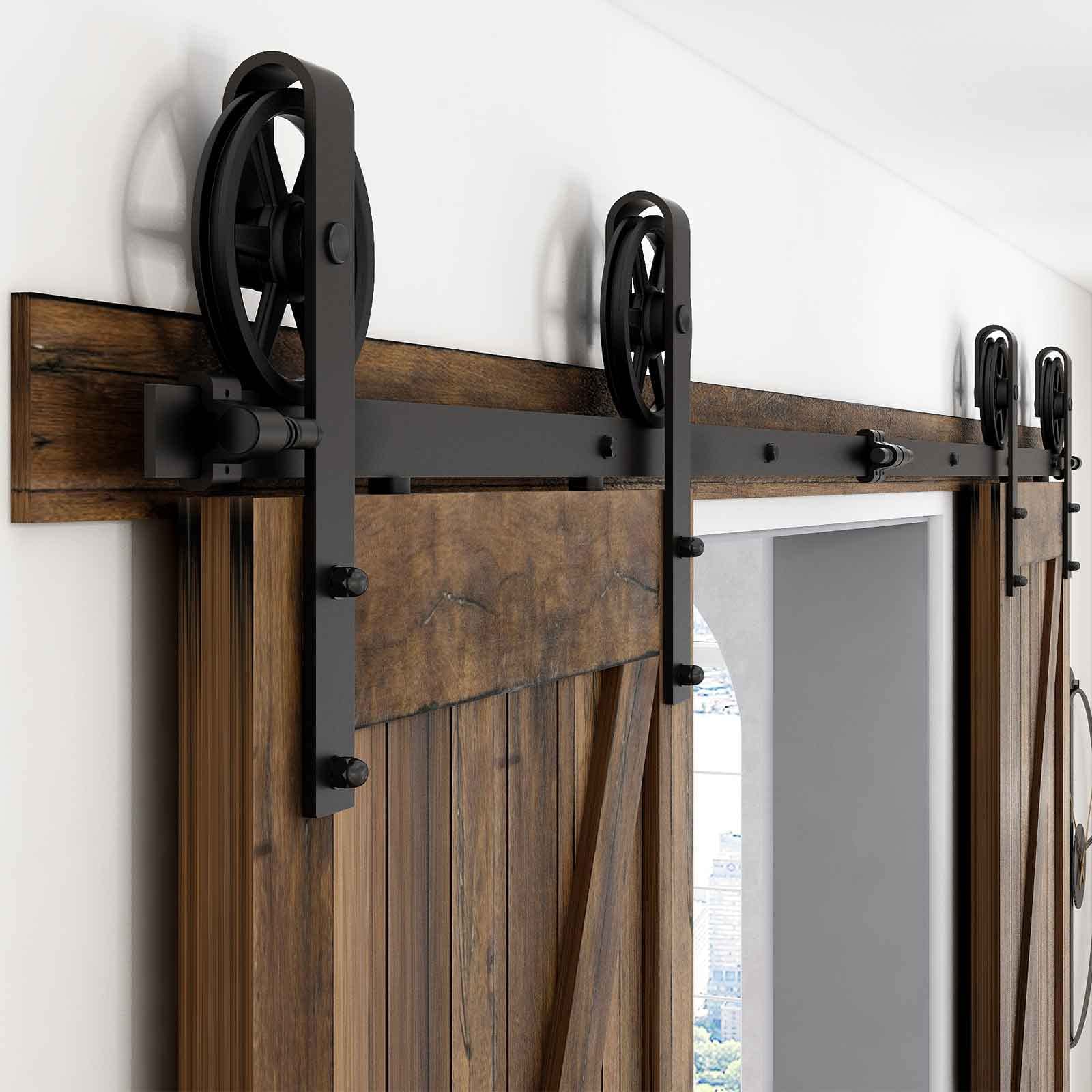 12.6FT/384cm Vintage Sliding Barn Wood Door Closet Hardware Track Kit Track System Big Wheel Rollers for Double Door