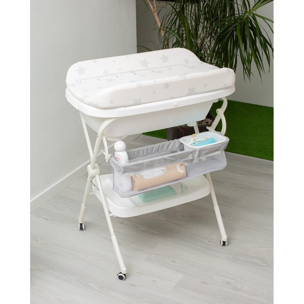 Interbaby Bañera Bebé Cambiador Plegable Patas, Ruedas, Hamaca (Dino) | Bañera con cambiador 2 en 1, hamaca anatómica extraíble, patas antideslizantes, altura ergonómica, portátil