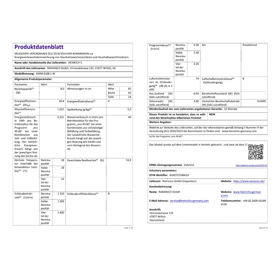 Heinrich´s Waschmaschine 8kg 1400 U/min Aqua-Stop LED-Display Inverter Motor Energieeffizienzklasse A weiß