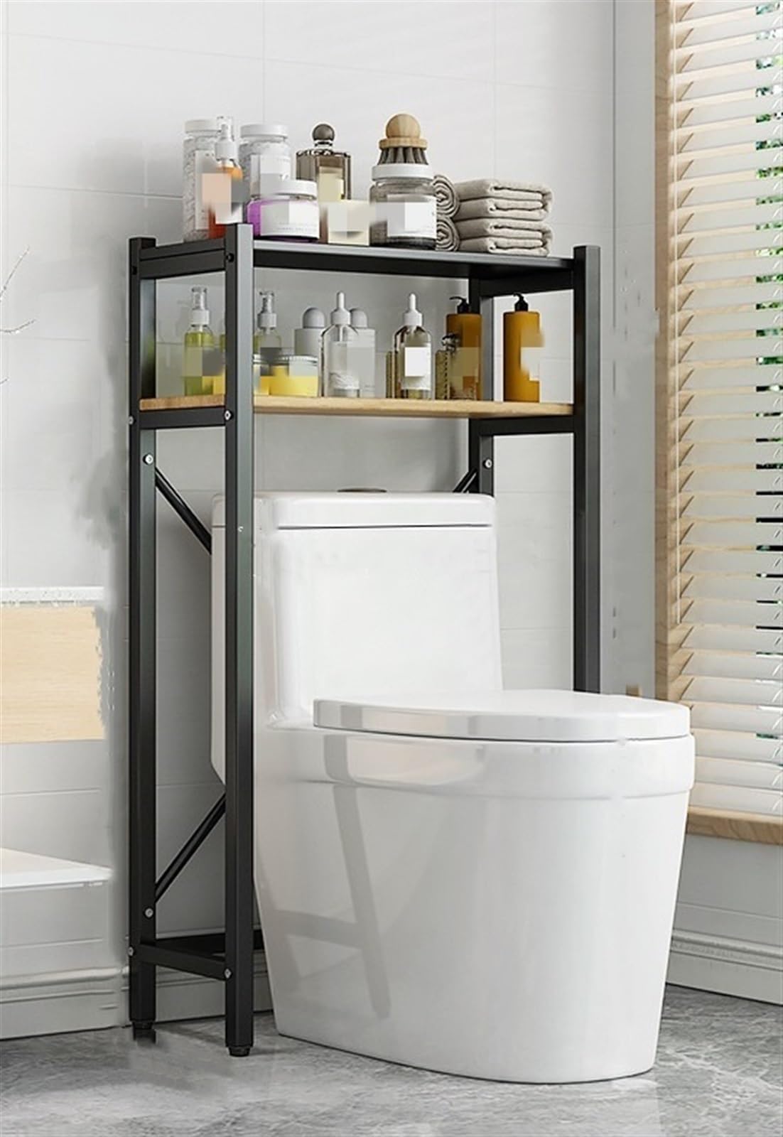 Scaffale da bagno autoportante a 3 ripiani, ripiano portaoggetti sopra il WC con gambe regolabili, soluzione salvaspazio nera (63,5 x 28 x 126 cm)