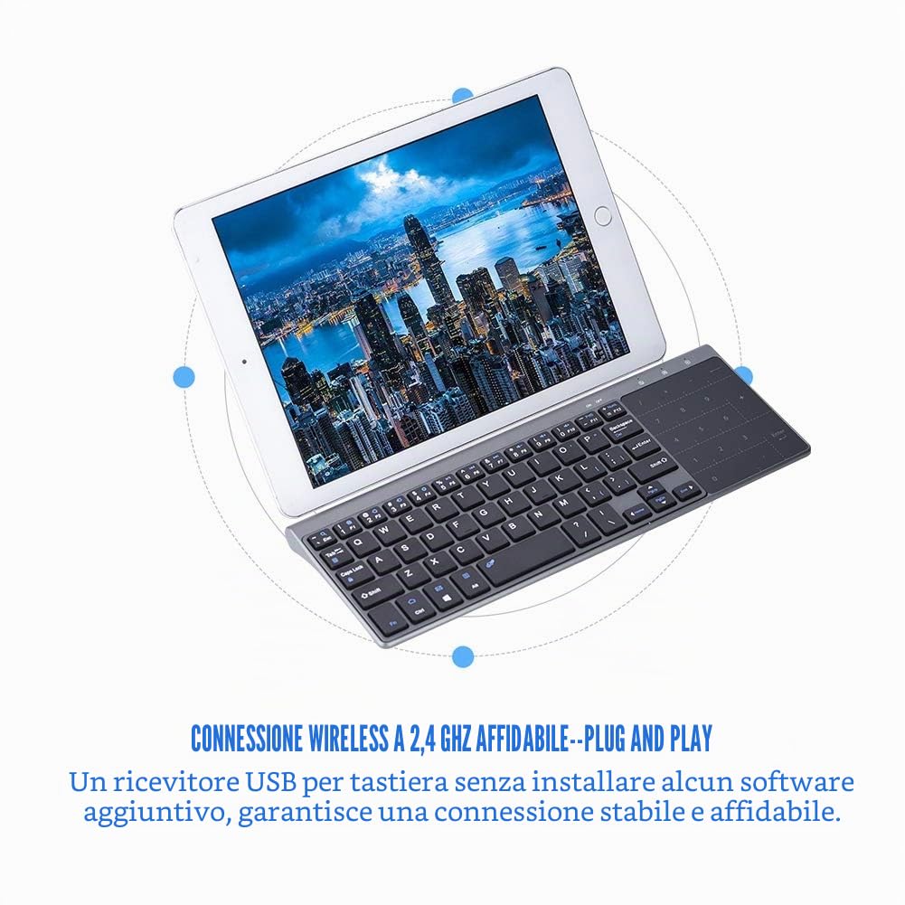 Tastiera senza fili 2.4Ghz, Mini Tastiera tascabile con touchpad sensibile 1200 DPI, Tastiera senza fili, Sottile per PC/Laptop/TV Box