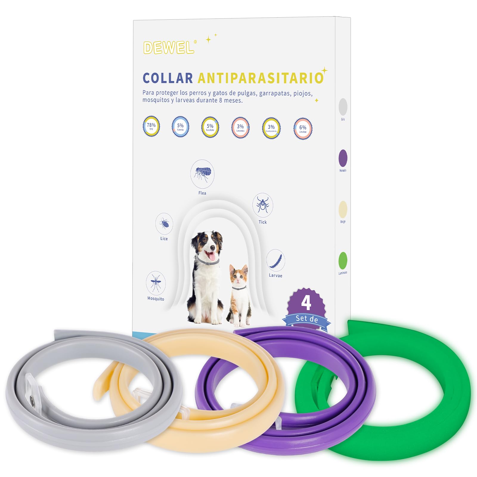 DEWEL Collares Antiparasitarios, Collares contra Pulgas y Garrapatas para Perros y Gatos, Collares Antipulgas Ajustable para Mascotas (4 Colores, L-63.5 cm)