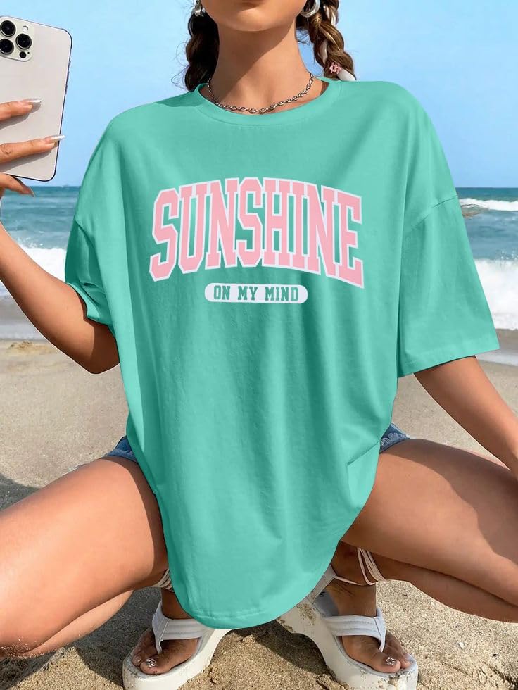 Womens Oversized Tee Shirts Vintage Sunshine Graphic Tees Hiking T-Shirts Boho Summer Short Sleeve Top - Image 3