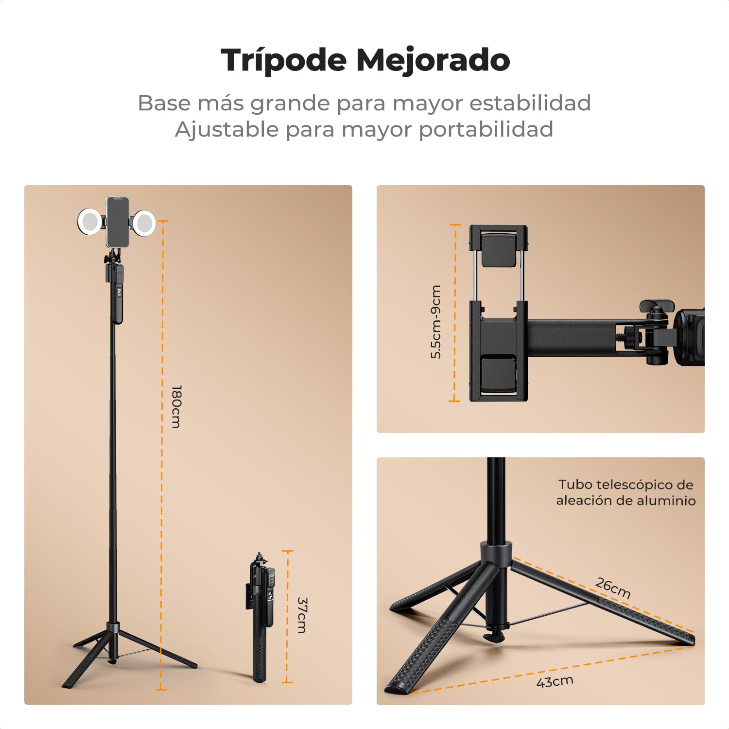 K&F CONCEPT Palo Selfie 180CM, Adaptado para dji OSMO Pocket 4&3/Luna Ultra, Trípode de Seguimiento AI 360°, Despliegue Automático y Plegado Rápido, 2 Anillos de Luz, 7 en 1 para Video/Vlog/Live