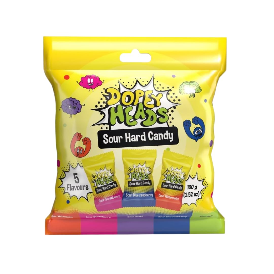 Dopey Heads | HALAL | Assorted | Sour Hard Candy | Watermelon | Strawberry | Grape | Blue Raspberry | Apple | Pack of 1 | Weight 100g Each (Assorted Sour Hard Candy)